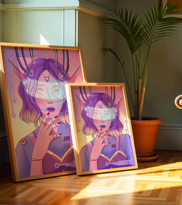 Futuristic digital art featuring a cybernetic woman with a holographic interface