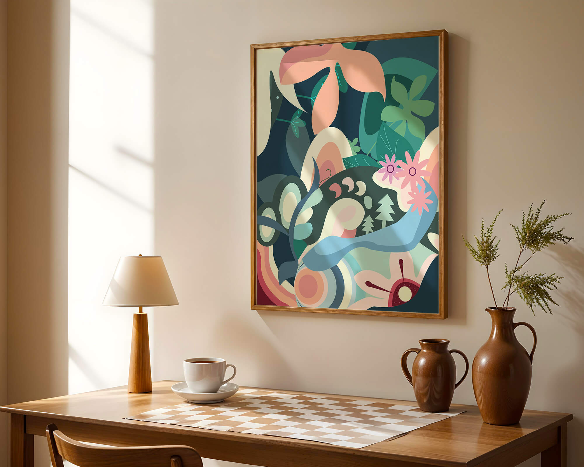 Abstract floral illustration with pastel colors and nature elements