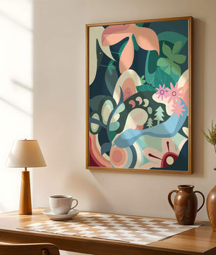 Abstract floral illustration with pastel colors and nature elements