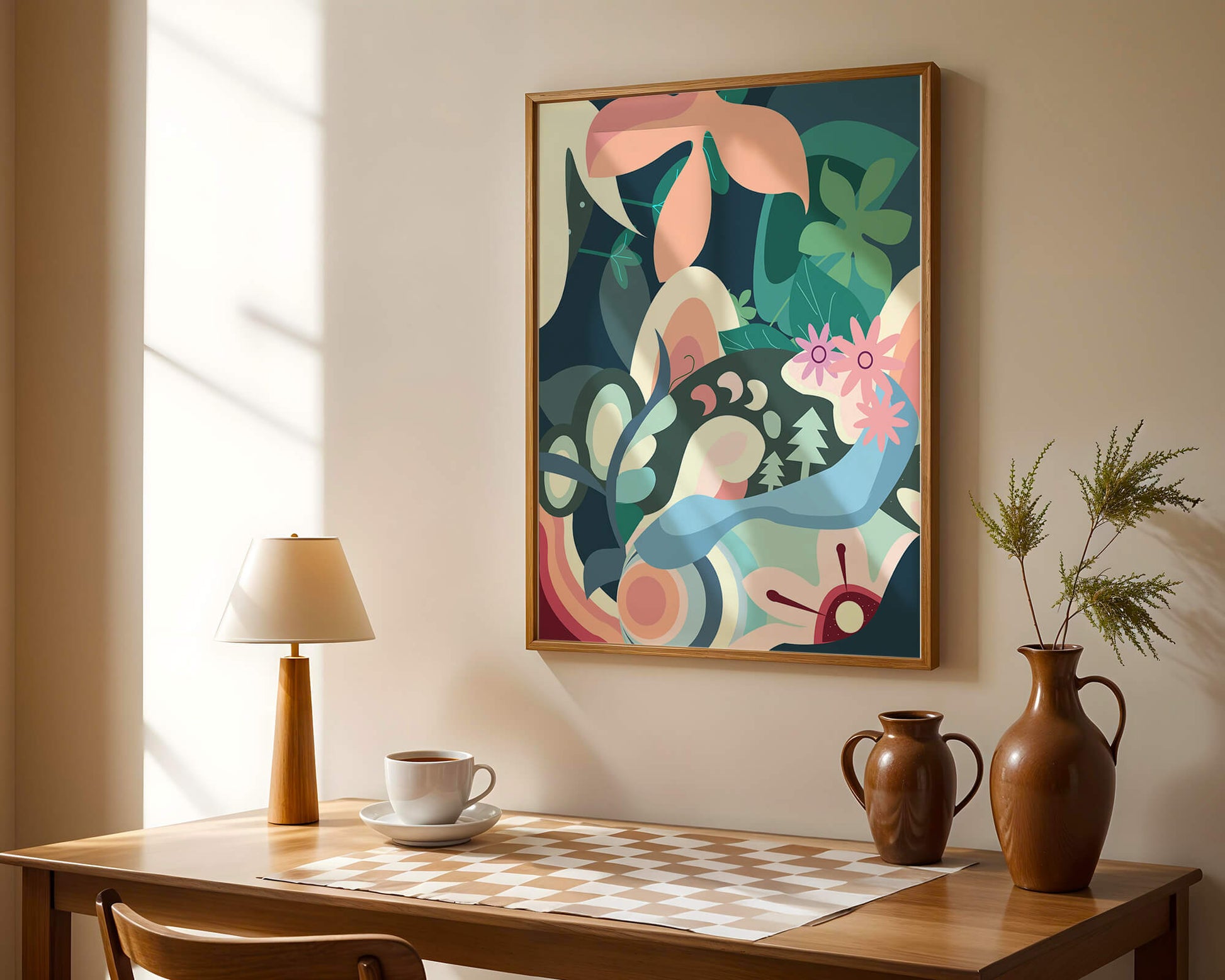 Abstract floral illustration with pastel colors and nature elements