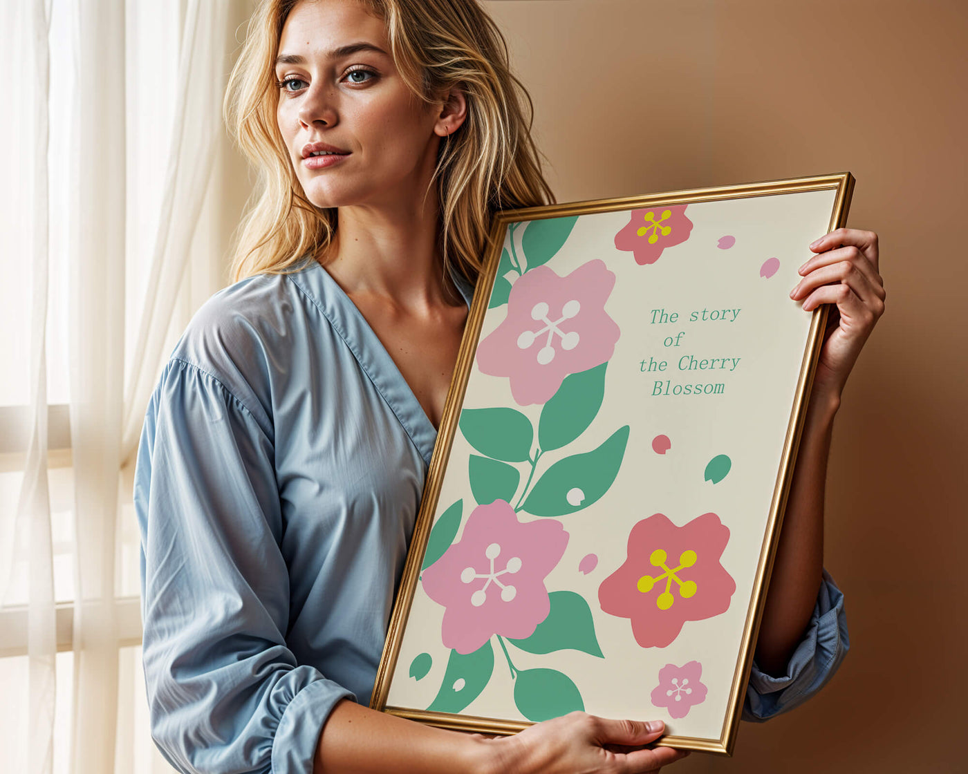 Floral illustration with cherry blossoms and green leaves