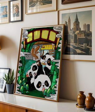 Ilustración de pandas encantadores disfrutando de helado bajo un puente de bambú