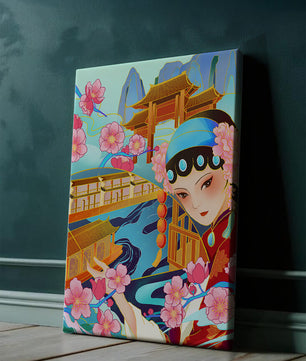 Traditional Asian art with cherry blossoms and architecture