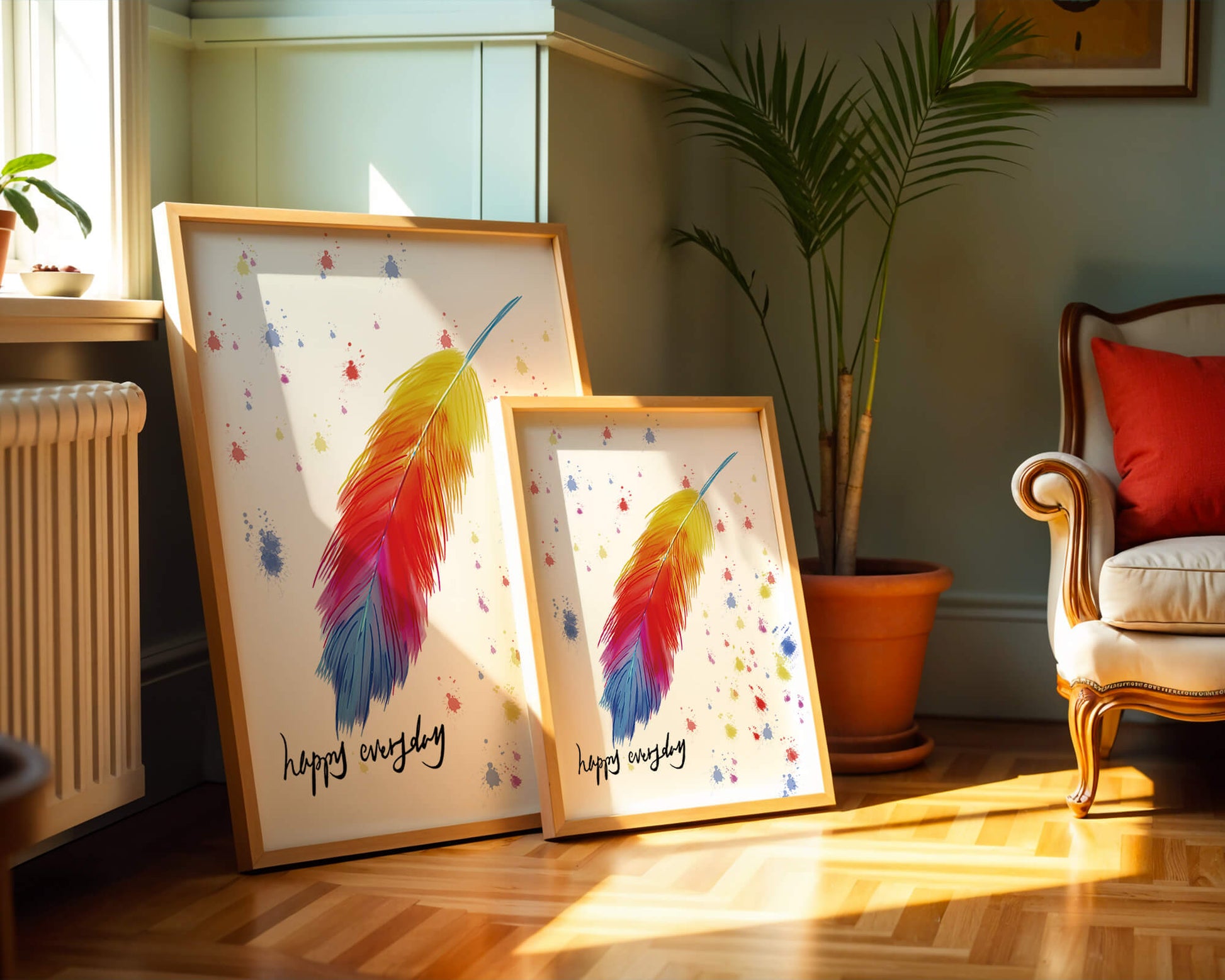 Colorful feather with inspirational message on abstract paint splatter background