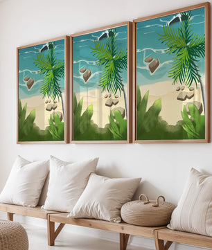 Serene tropical beach scene with lush greenery and calm waves