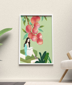 Mujer leyendo bajo un árbol de lichi con vegetación