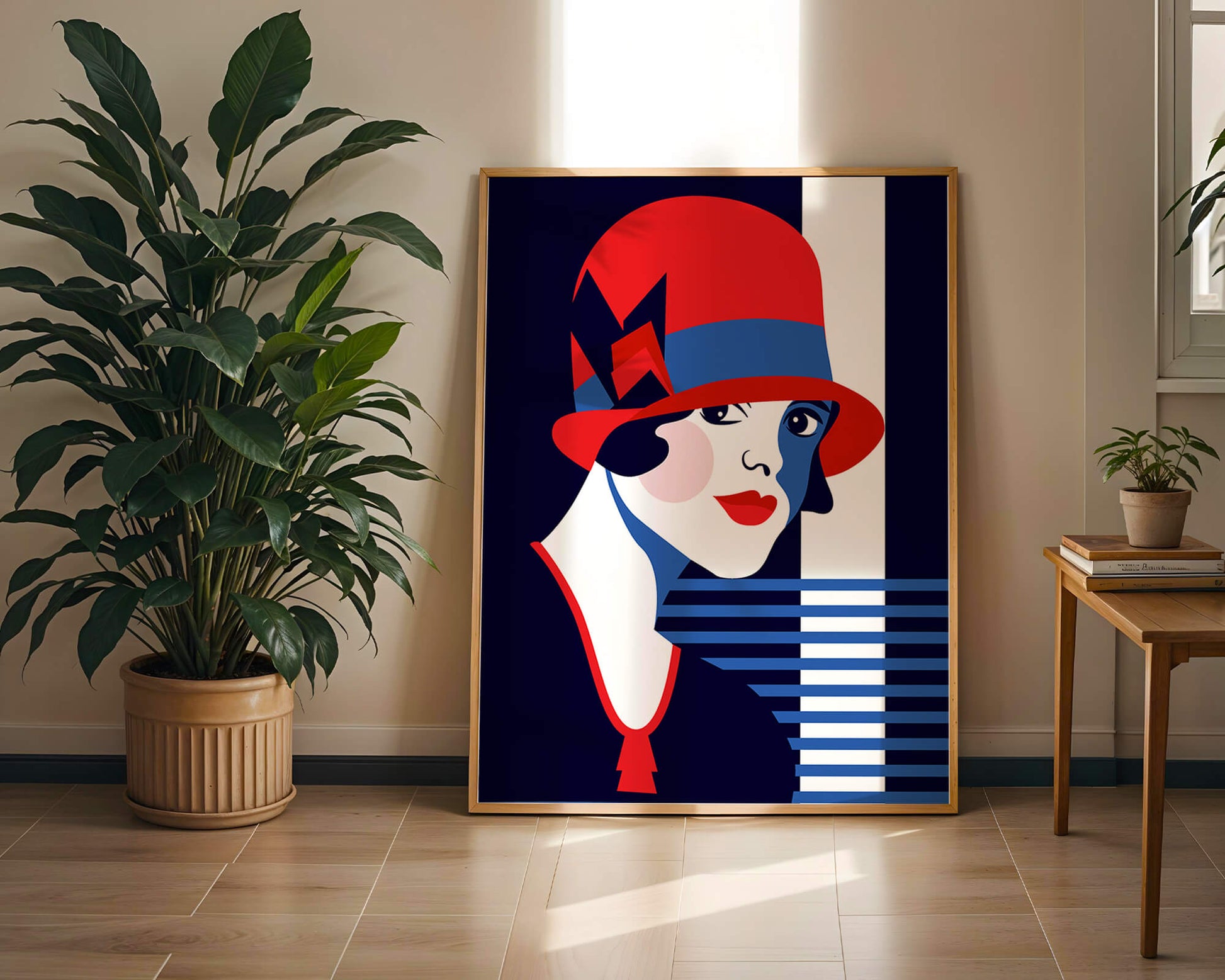Elegante mujer de estilo art déco con sombrero cloche rojo y patrones geométricos.