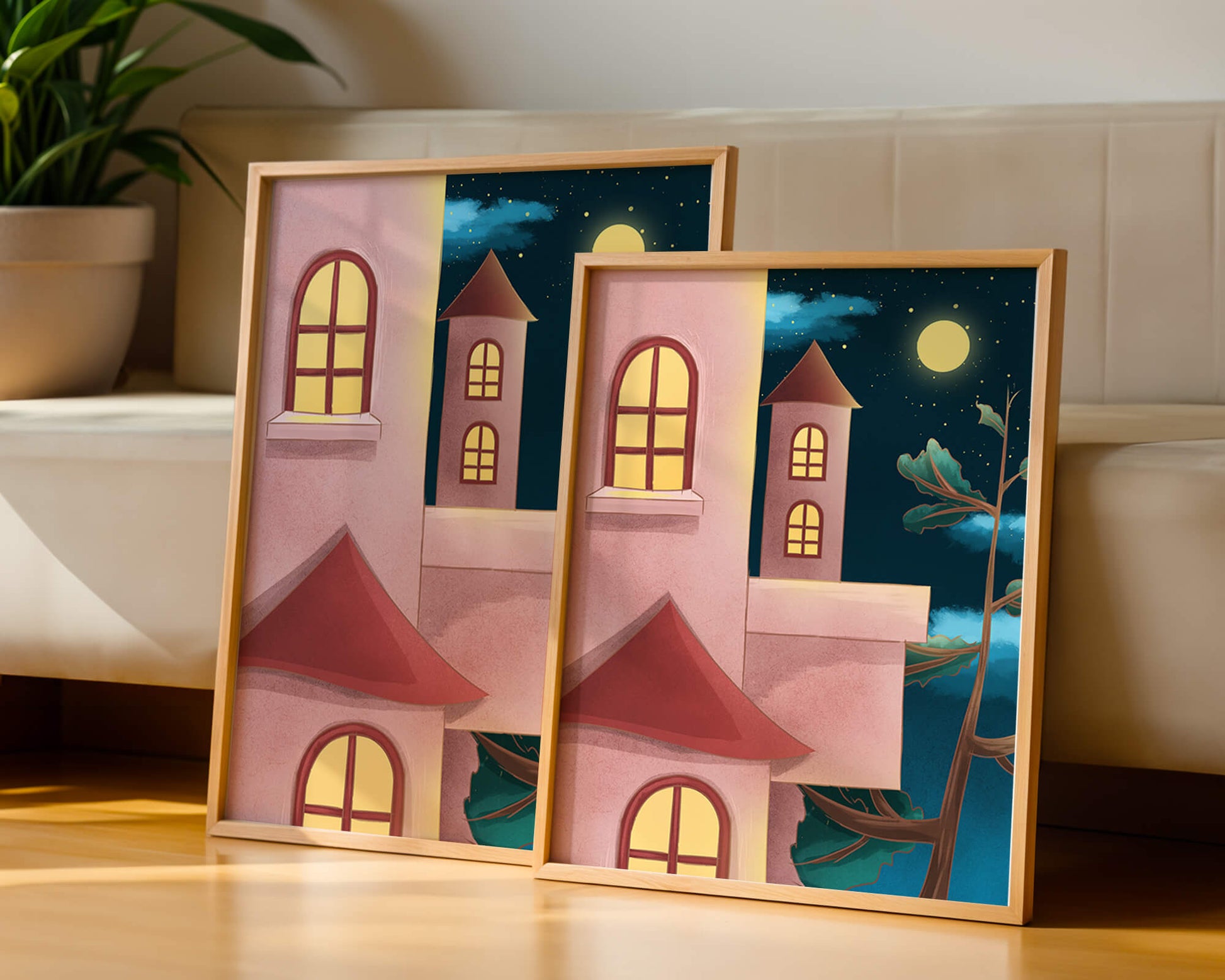 Castle with Arched Windows under Moonlit Sky