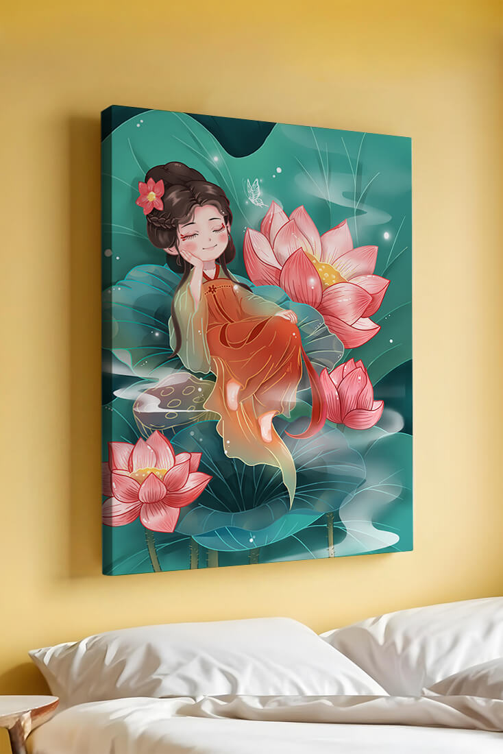 Charming illustration of a girl resting amidst lotus flowers