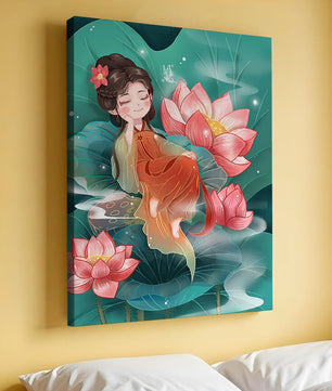 Charmante illustration d'une fille se reposant parmi des fleurs de lotus