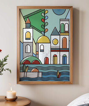 Paysage urbain géométrique coloré avec des éléments architecturaux modernes