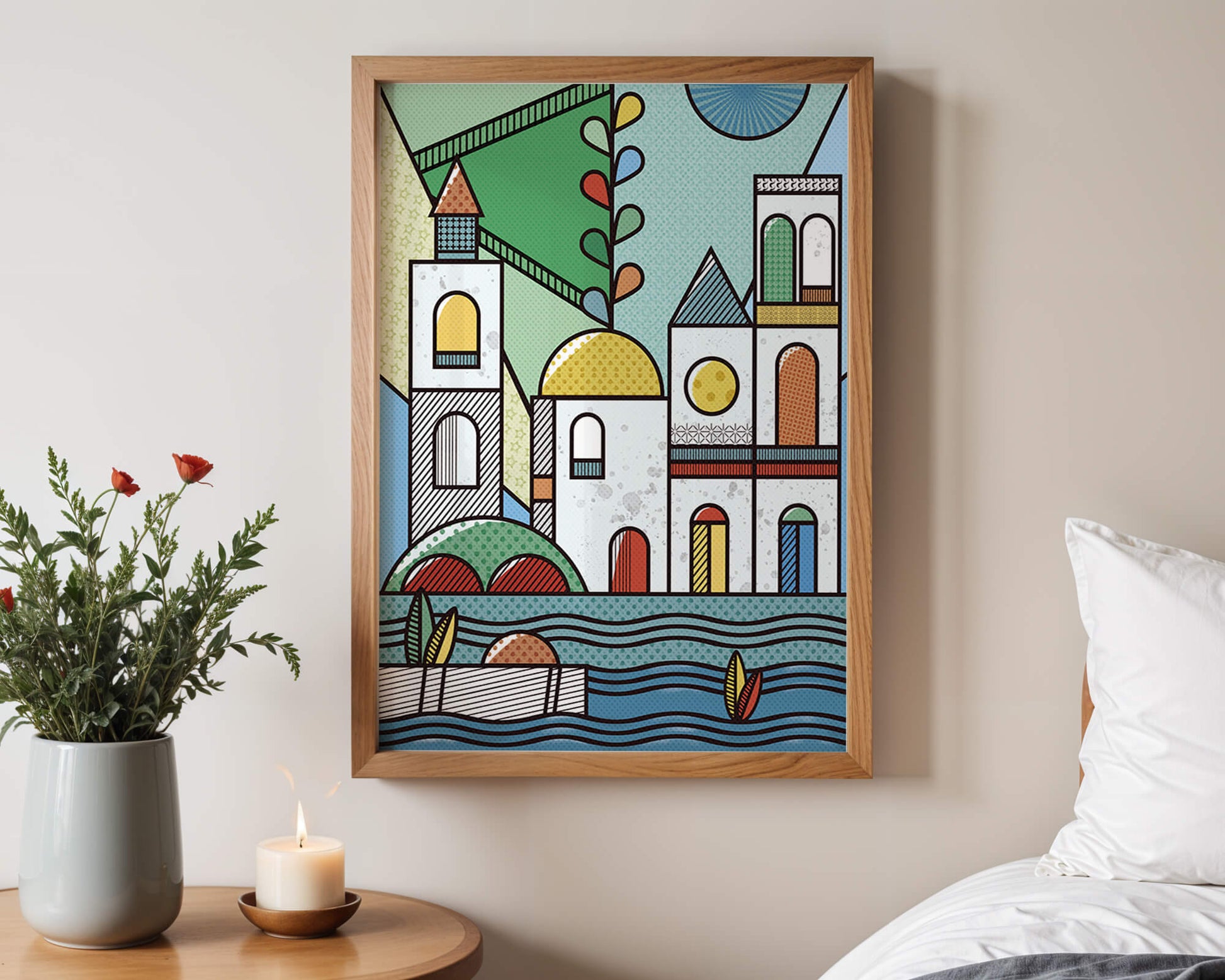 Paysage urbain géométrique coloré avec des éléments architecturaux modernes