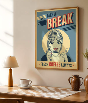 Retro Coffee Break Poster with Woman Holding a Cup - Mi tienda