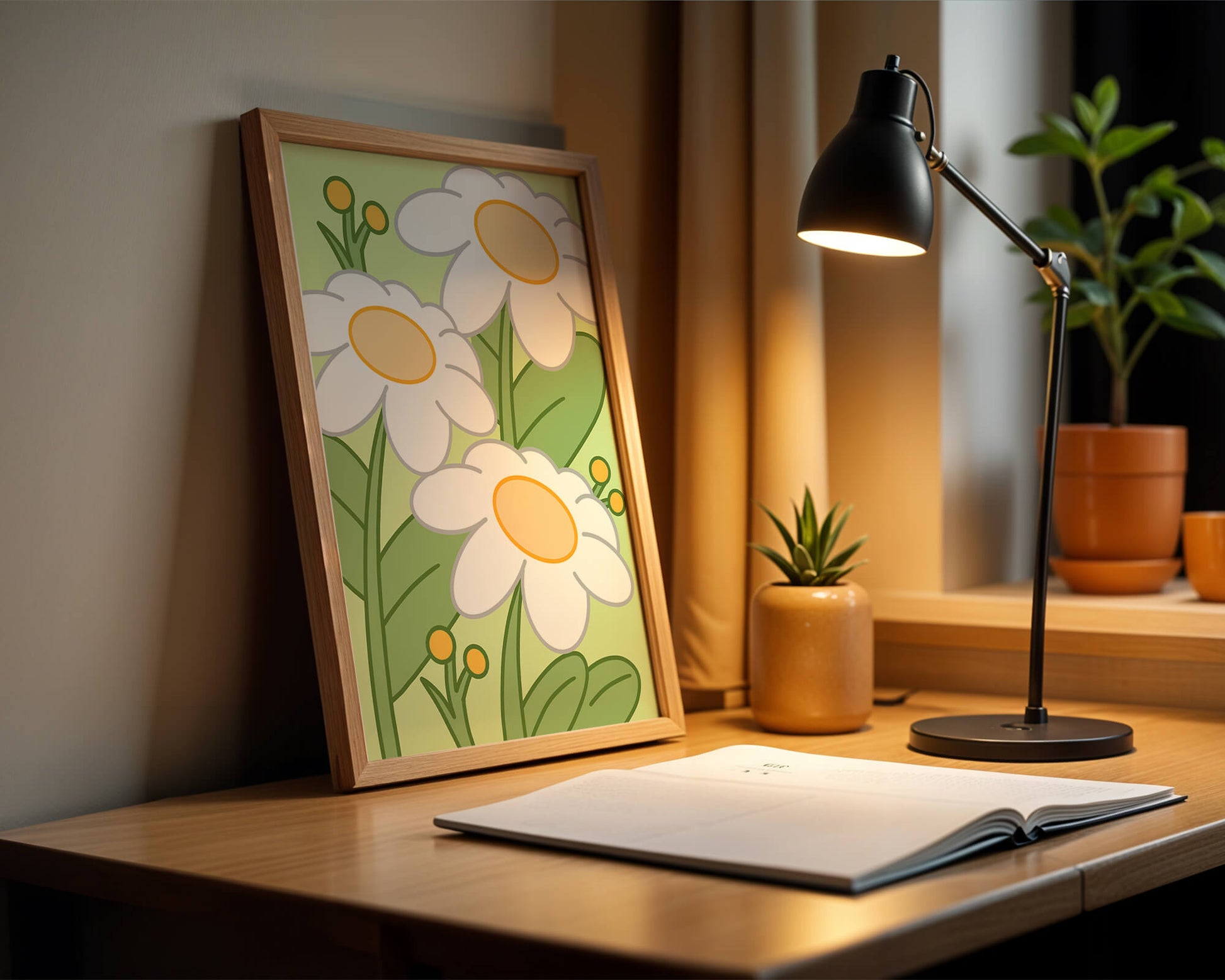 Charming illustrated daisies on a green background