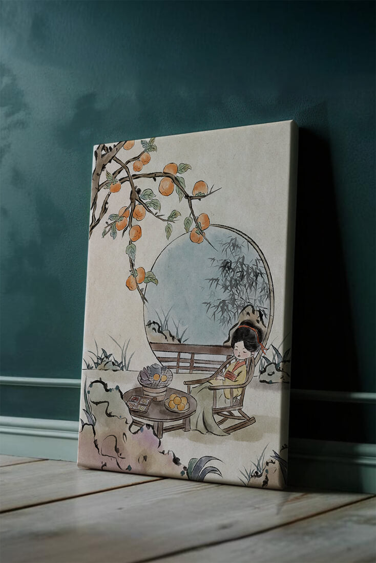 Tranquil garden scene with persimmons and serene figure