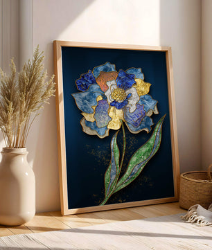 Diseño floral texturizado y colorido con contornos dorados sobre fondo oscuro