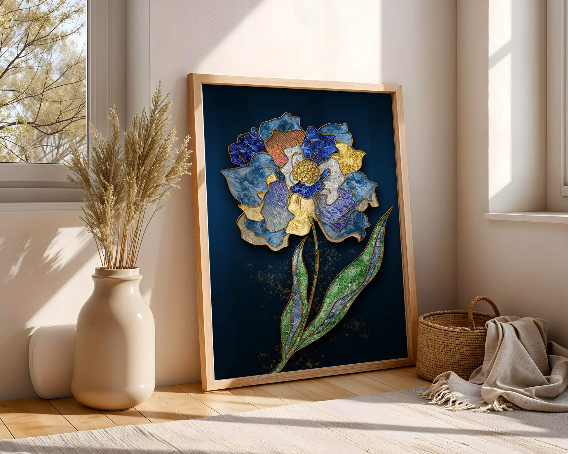 Diseño floral texturizado y colorido con contornos dorados sobre fondo oscuro