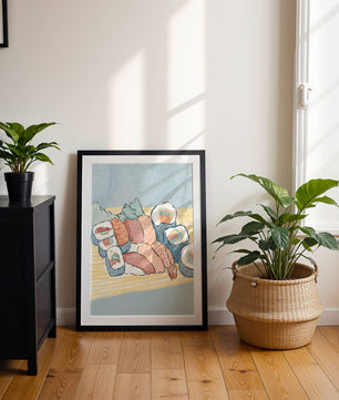 Illustration of assorted sushi rolls with shrimp and salmon on a bamboo mat