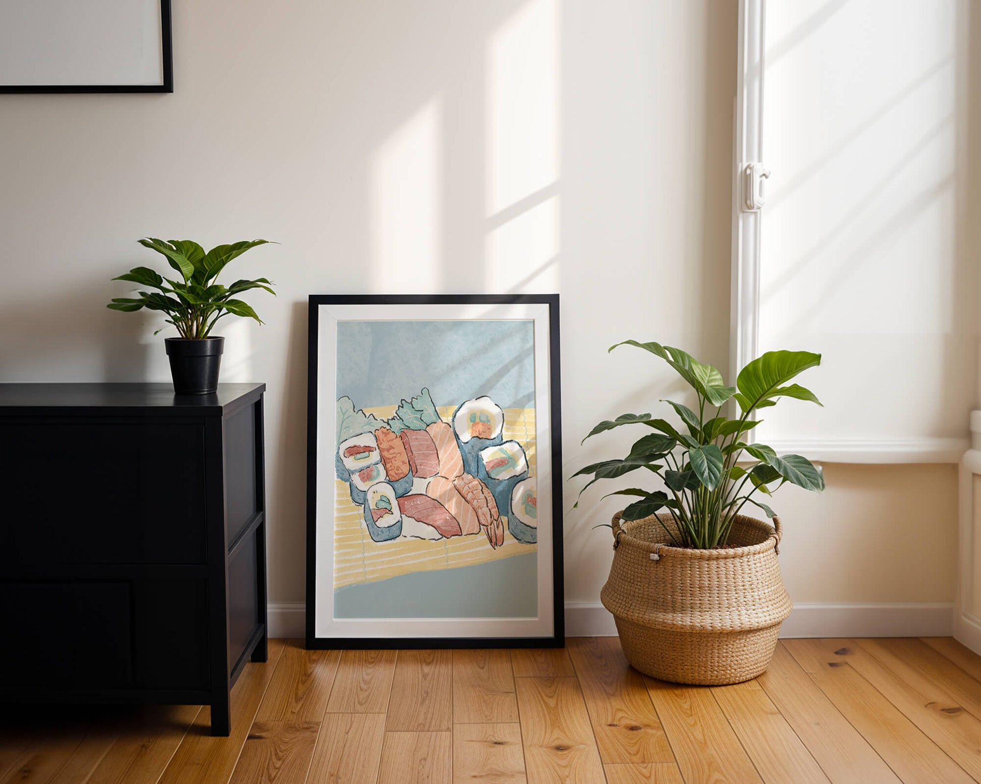 Illustration of assorted sushi rolls with shrimp and salmon on a bamboo mat