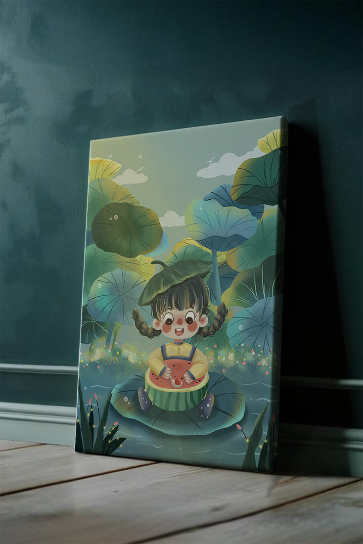 Charming illustration of a child enjoying watermelon amidst whimsical nature