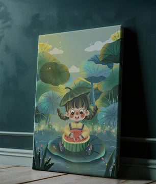Charming illustration of a child enjoying watermelon amidst whimsical nature