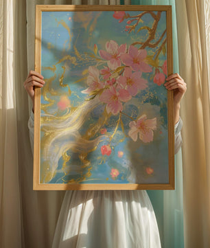 Beautiful Cherry Blossom Branch with Golden Highlights on a Soft Blue Background - Mi tienda