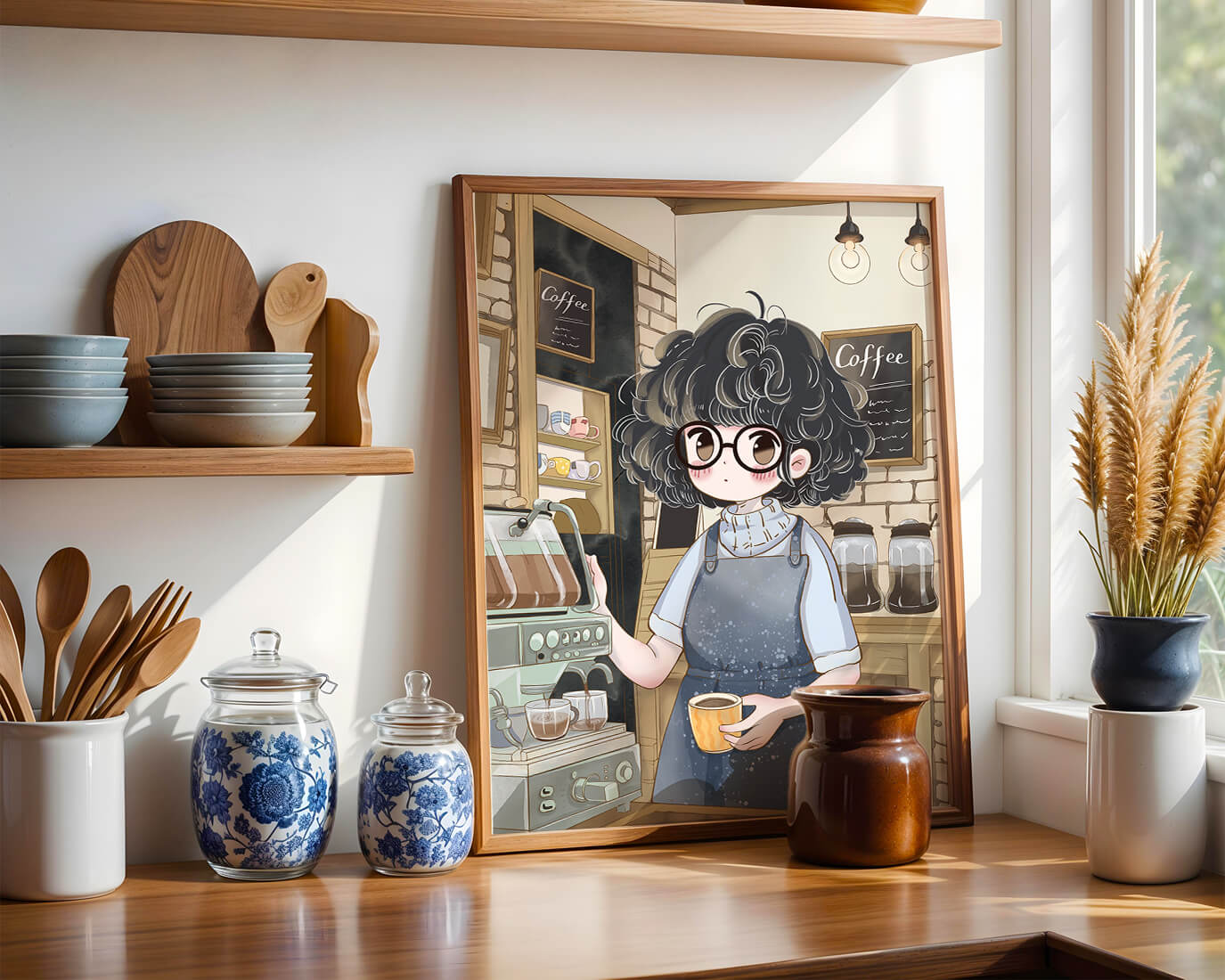 Escena encantadora de café con barista preparando café