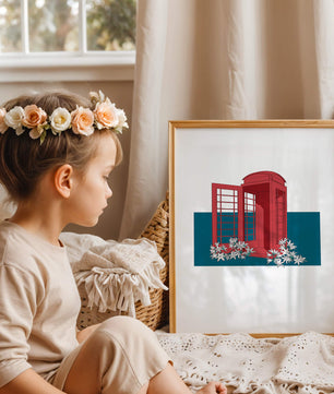 A Pink Phone Booth Surrounded by Flowers on a Teal Background