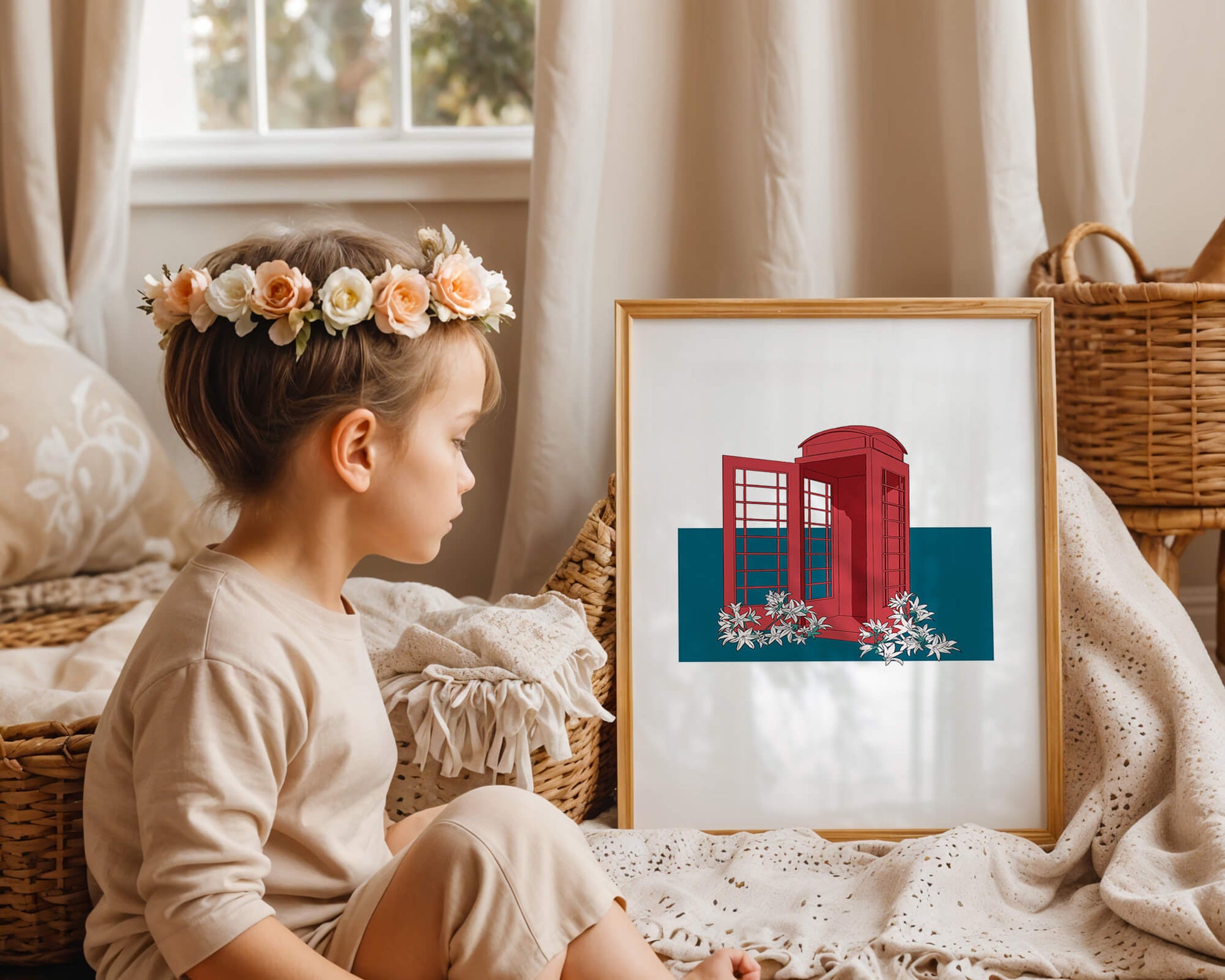 A Pink Phone Booth Surrounded by Flowers on a Teal Background