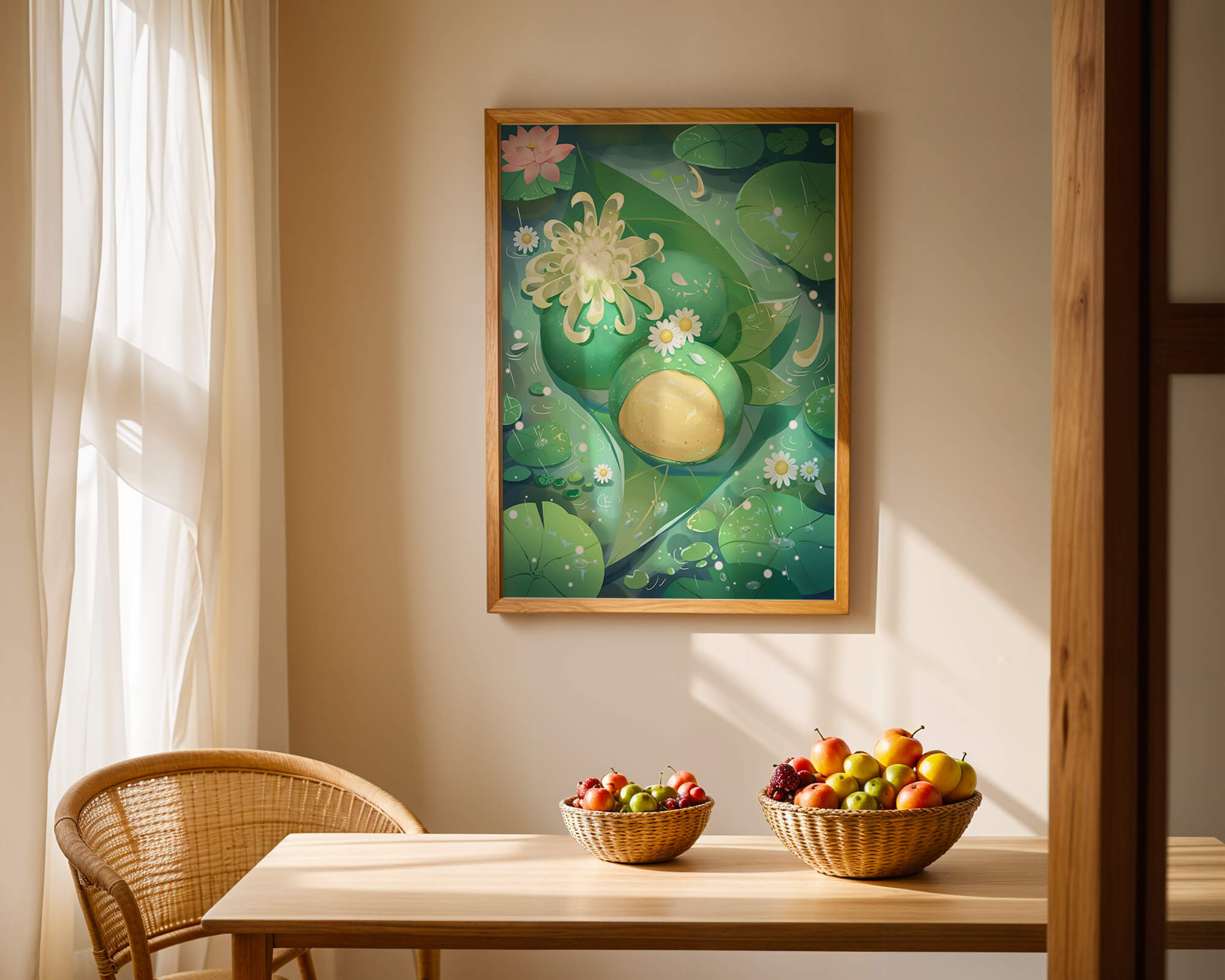 Lush aquatic scene with lotus flowers and green leaves