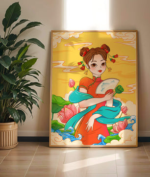 Ilustración oriental que presenta a una chica con atuendo tradicional, un abanico y flores de loto