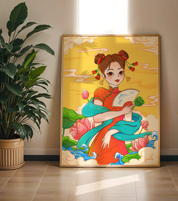 Oriental illustration featuring a girl in traditional attire with a fan and lotus flowers