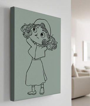Hand-Drawn Illustration of a Thoughtful Cartoon Character with Curly Hair and a Beanie