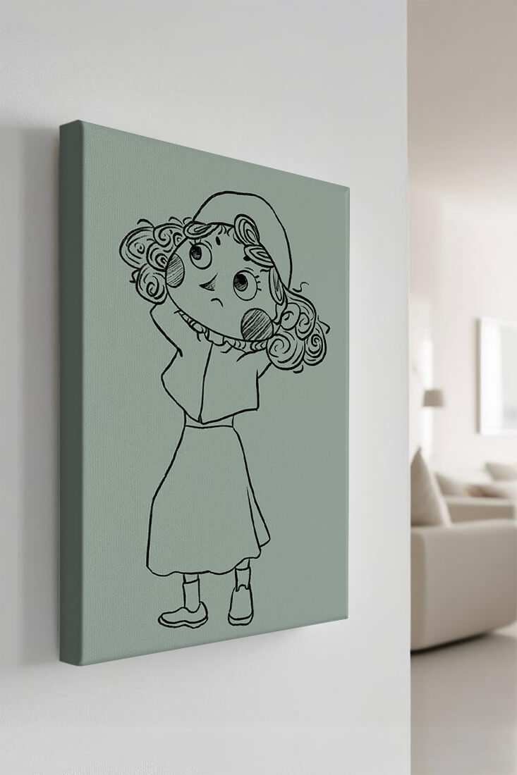 Ilustración a mano de un personaje de dibujos animados pensativo con cabello rizado y gorro