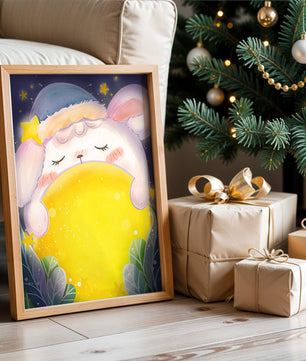 Sleepy rabbit with starry hat holding a glowing ball in a dreamy night scene