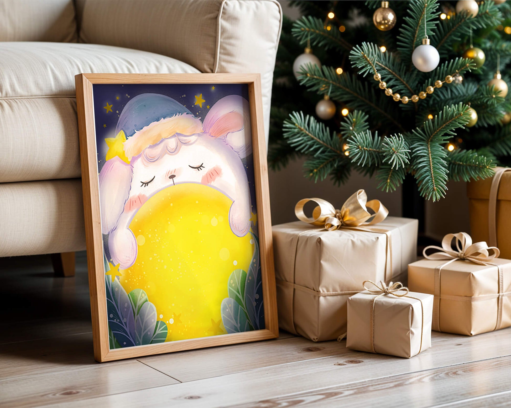Sleepy rabbit with starry hat holding a glowing ball in a dreamy night scene