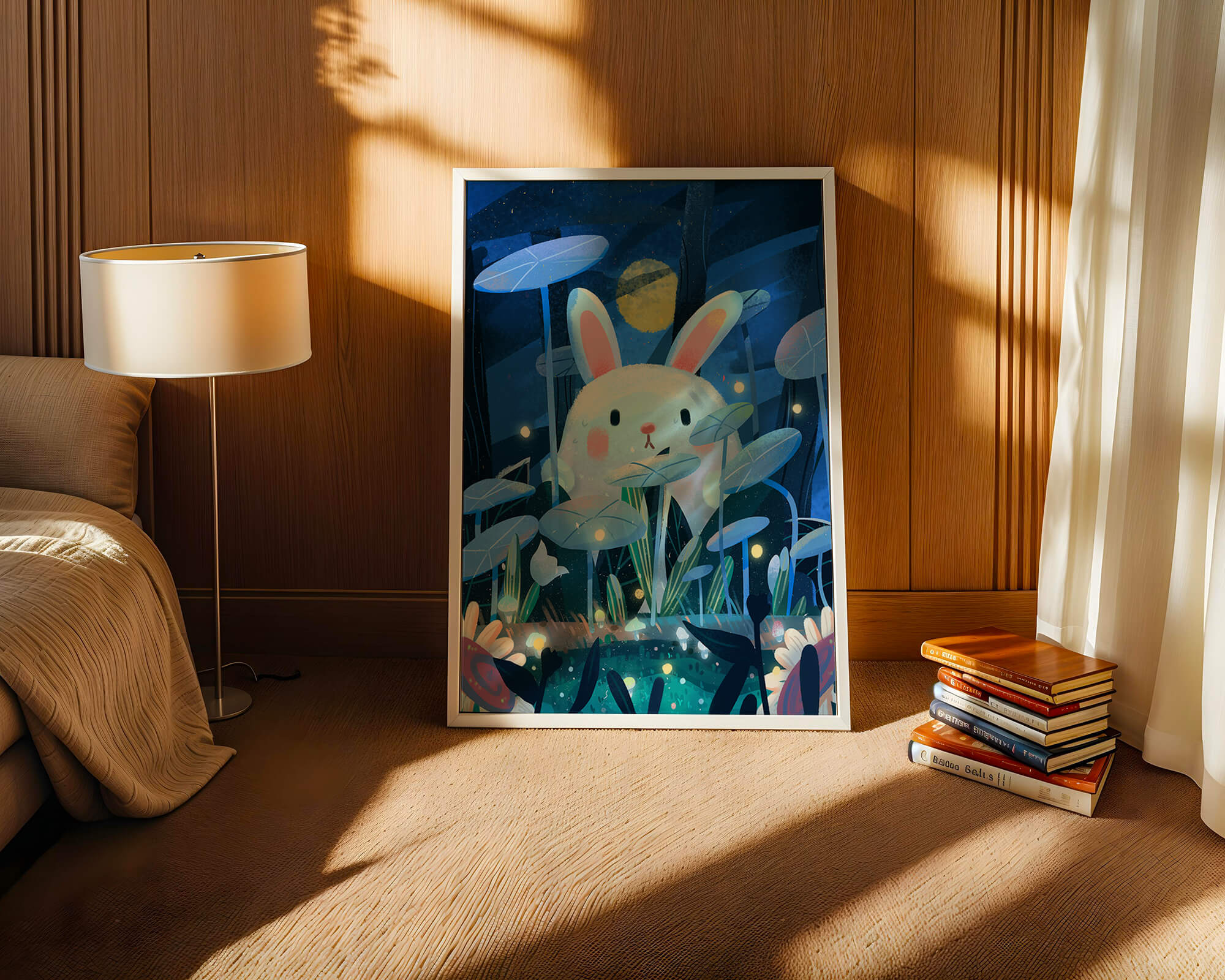 Cute rabbit in a dreamy moonlit forest