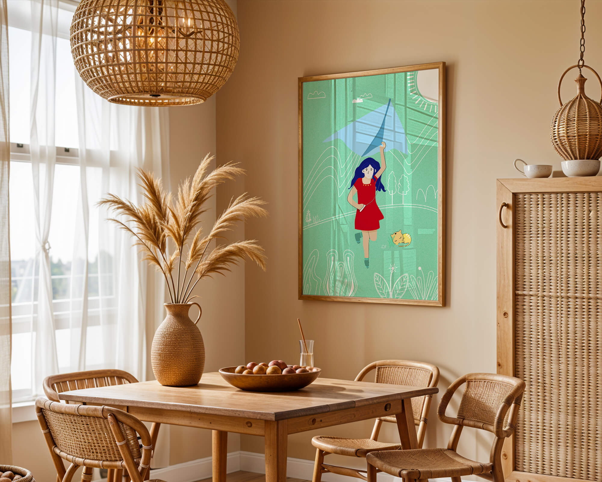 Illustration of a girl with a kite in a whimsical landscape