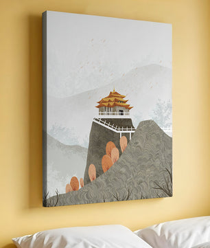 Serene landscape with traditional pagoda and autumn trees
