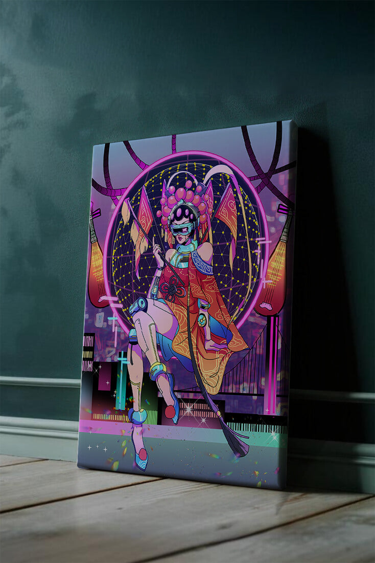 Futuristic geisha with neon lights and traditional elements