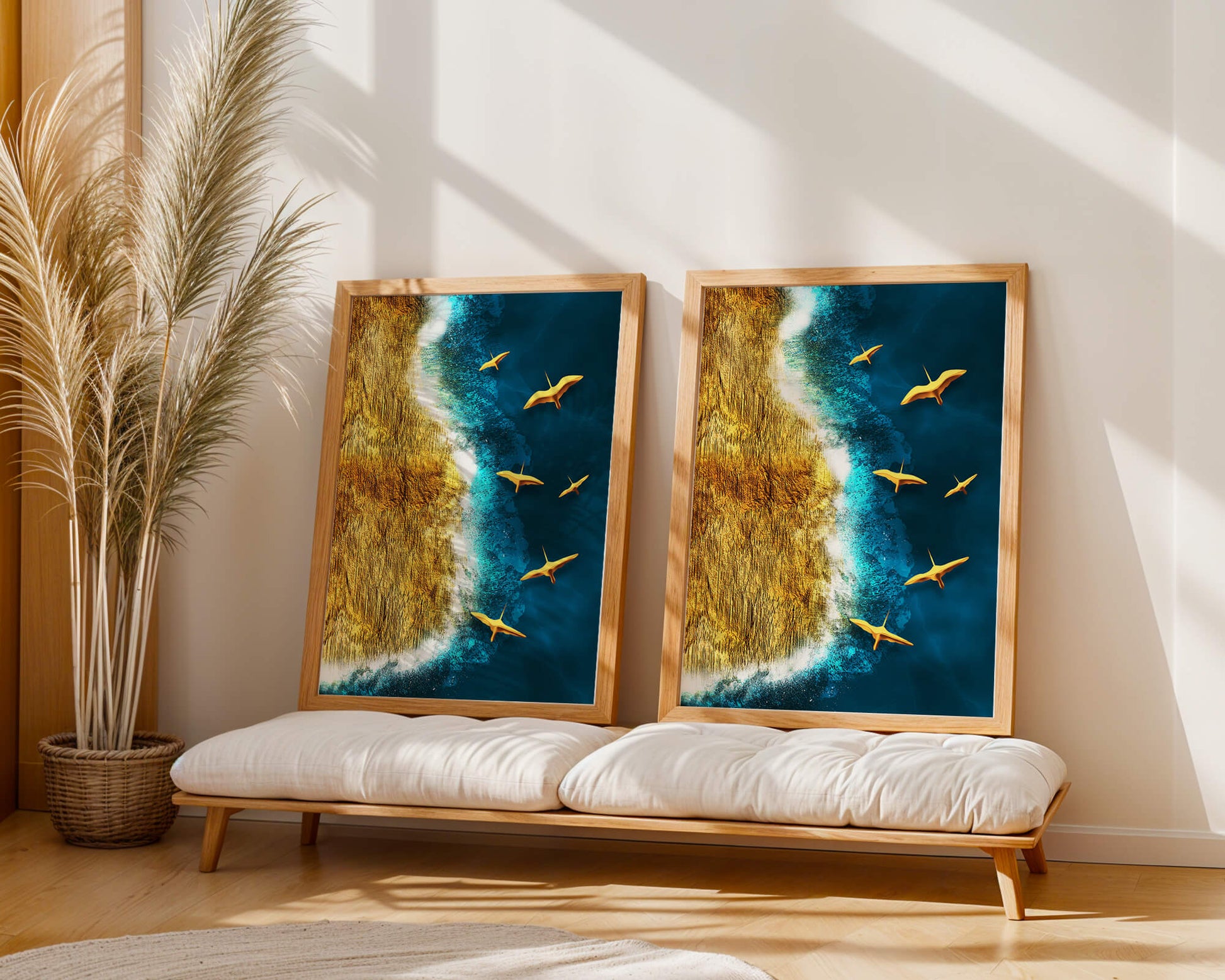Golden beach landscape with vibrant ocean and flying seabirds
