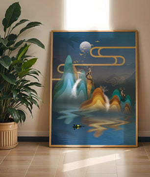 Paisaje abstracto con ciervo dorado y montañas en capas en una serena escena nocturna
