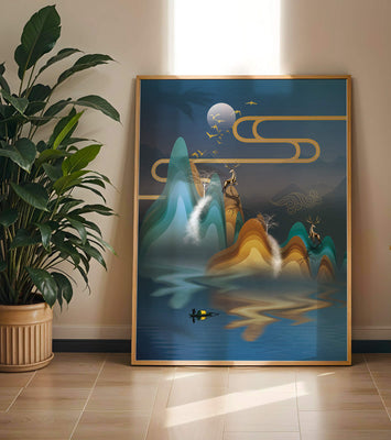 Abstract landscape with golden deer and layered mountains in serene night scene