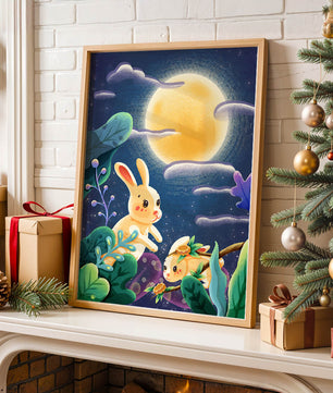 Charming illustration of rabbits under a full moon in a vibrant night garden