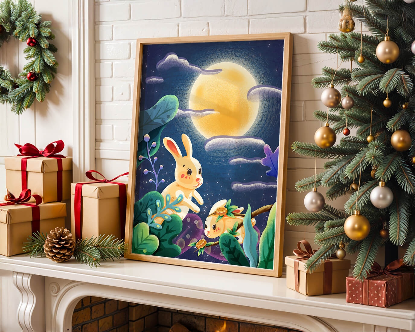 Charming illustration of rabbits under a full moon in a vibrant night garden