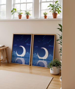 Serene night sky with crescent moon reflecting on water