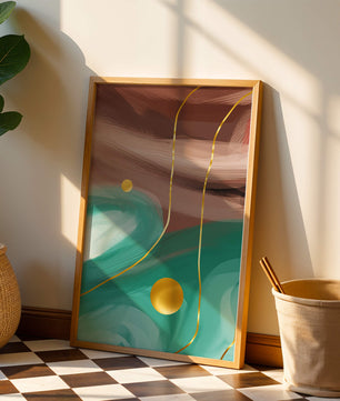 Composición abstracta con elementos dorados sobre fondo turquesa y marrón
