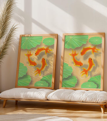 Tranquil pond scene with koi fish and lily pads
