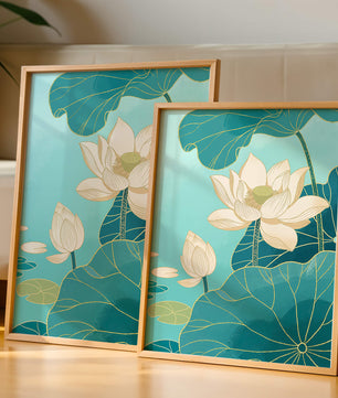 Lotus Flowers with Golden Accents on Aqua Background