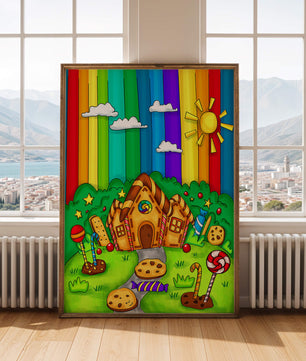 Whimsical candy house in a vibrant rainbow landscape